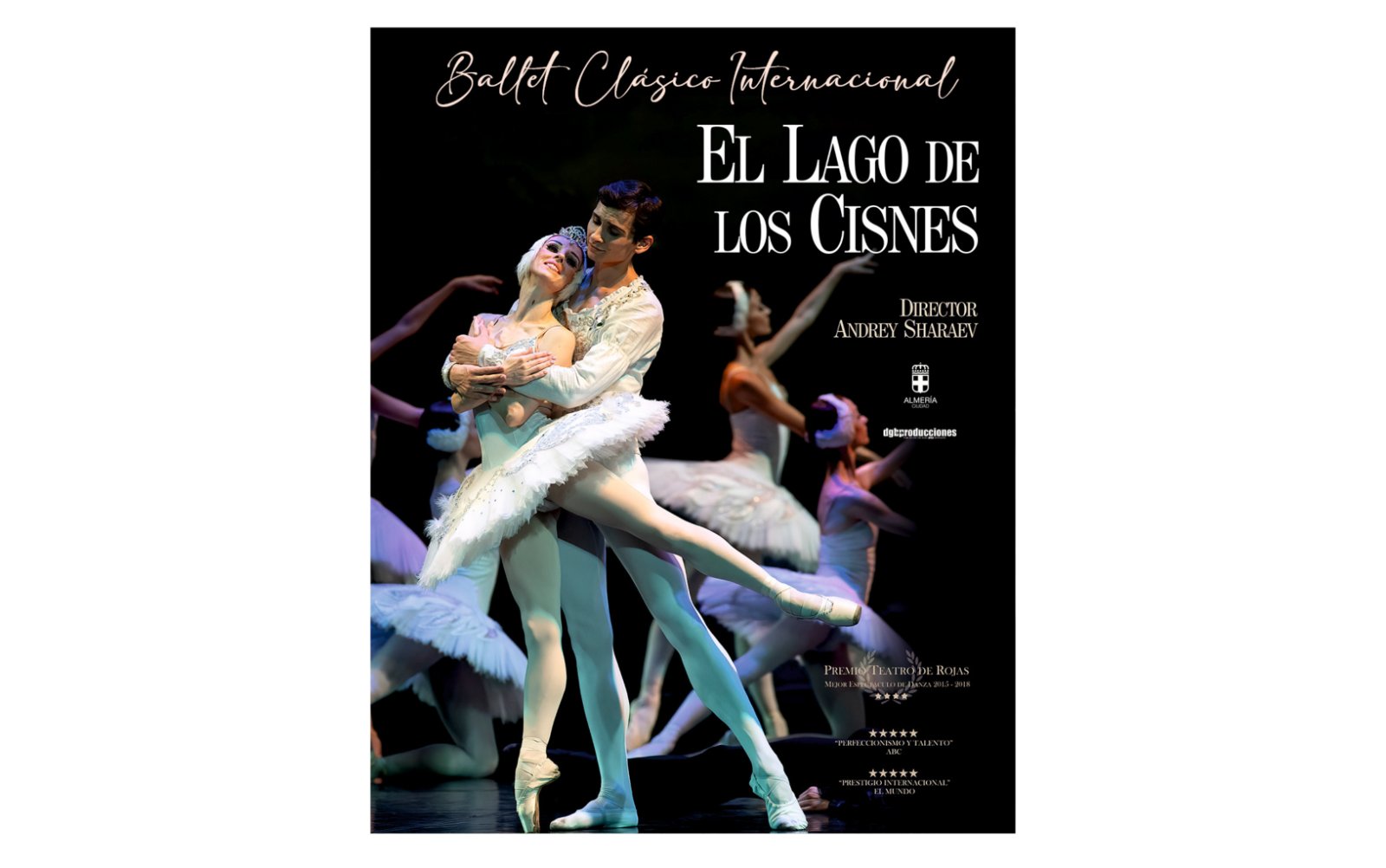 Cartel de El lago de los cisnes del Ballet Clásico Internacional en el Auditorio Maestro Padilla de Almería