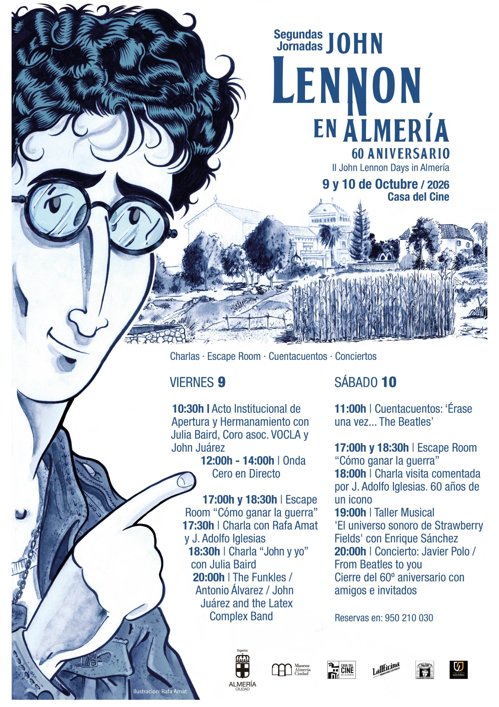 Cartel de las II Jornadas John Lennon en Almería, 60 aniversario, 9 y 10 de octubre de 2026 en la Casa del Cine, con ilustración de John Lennon de Rafa Amat