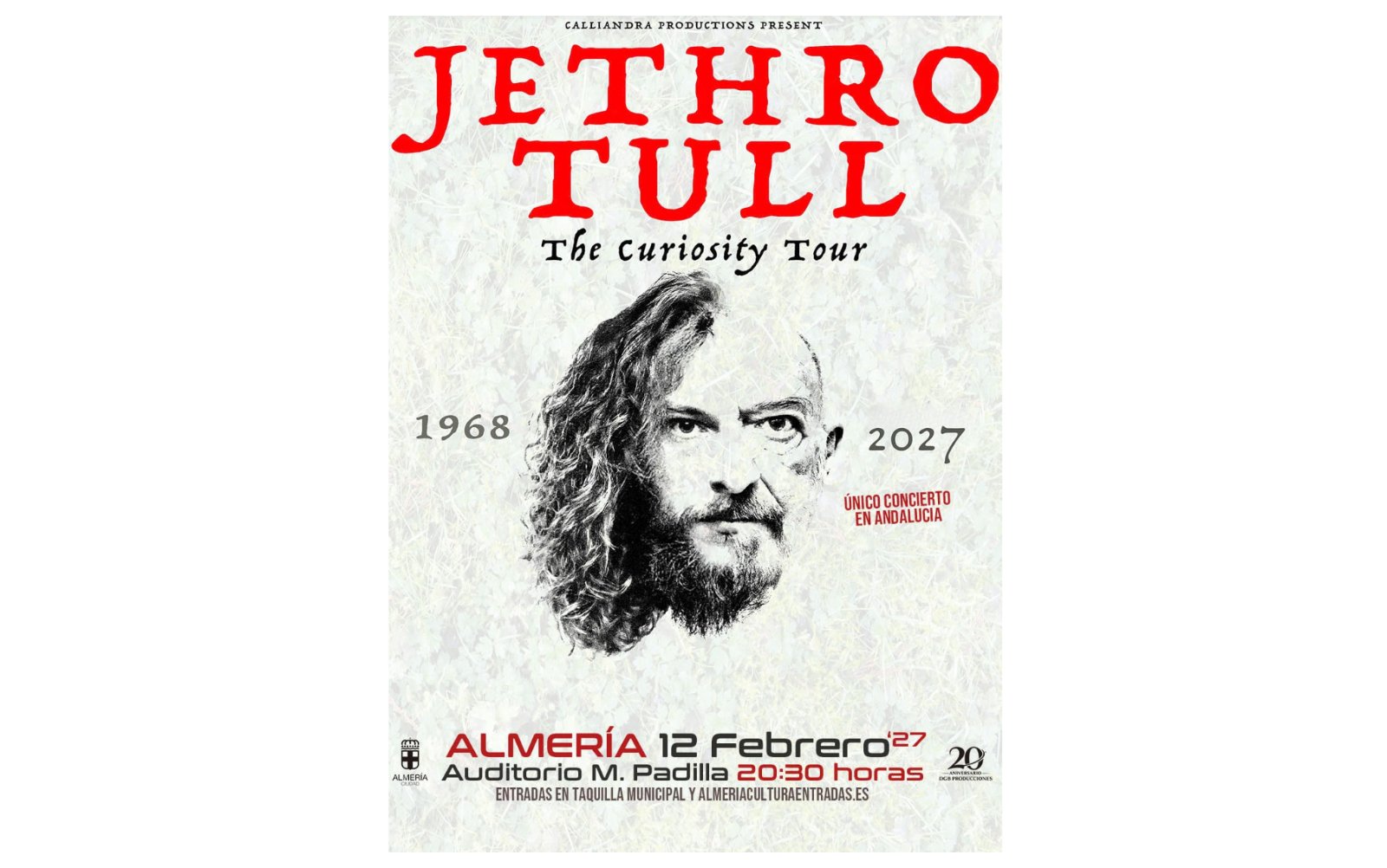 Cartel del concierto de Jethro Tull The Curiosity Tour en el Auditorio Maestro Padilla de Almería