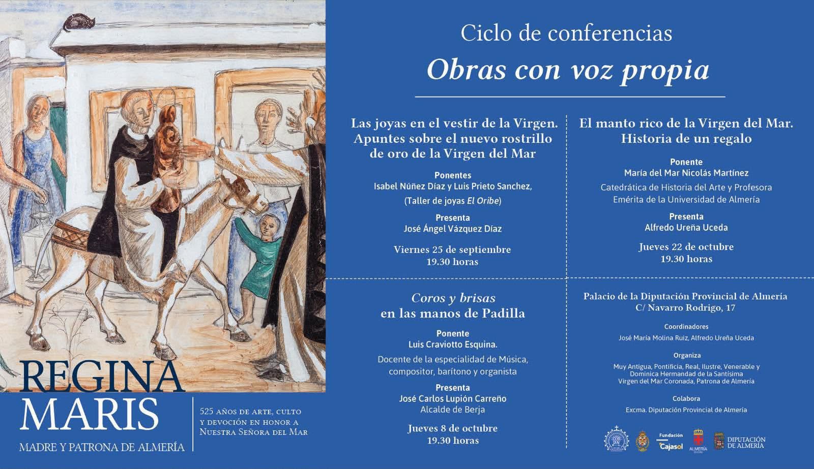 Cartel del ciclo de conferencias Obras con voz propia, de la exposición Regina Maris, en el Palacio de la Diputación de Almería