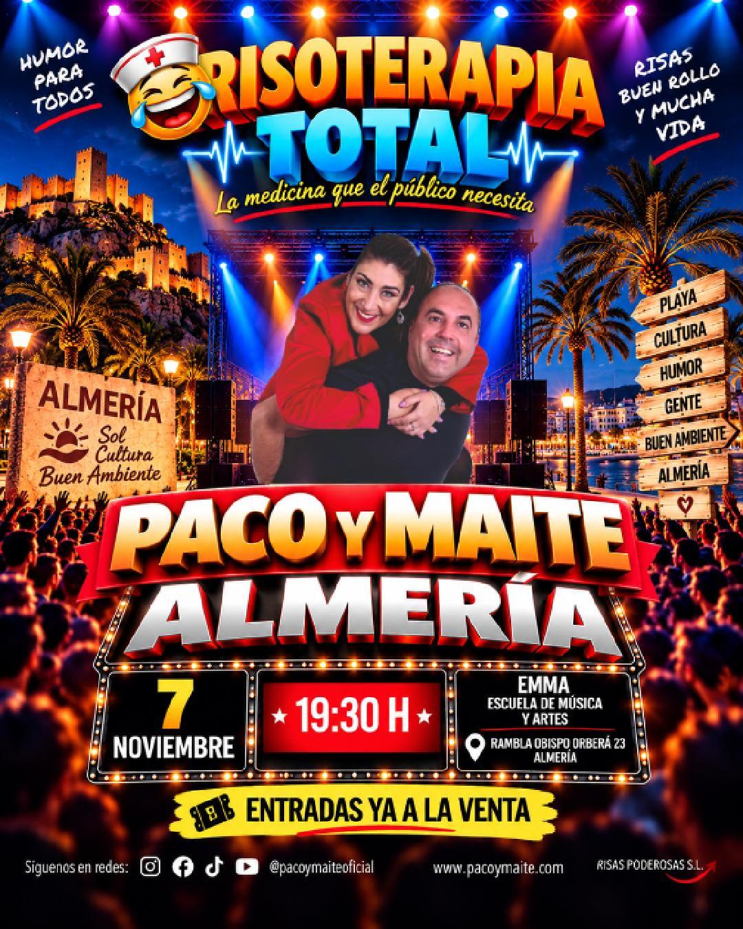 Cartel del espectáculo Risoterapia total de Paco y Maite en la Sala EMMA de Almería el 7 de noviembre