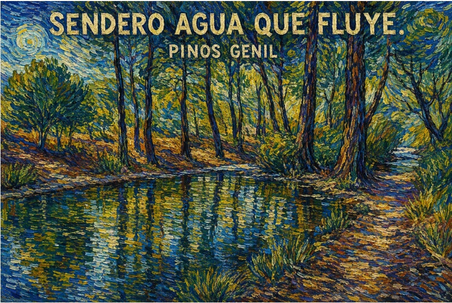 Ilustración de un bosque de ribera junto al río Genil con el texto «Sendero Agua que Fluye. Pinos Genil»