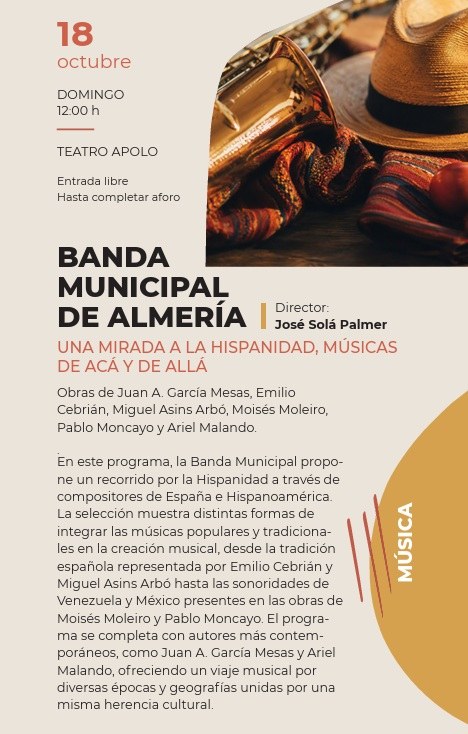 Cartel de la Banda Municipal de Almería: Una mirada a la Hispanidad, músicas de acá y de allá, Teatro Apolo
