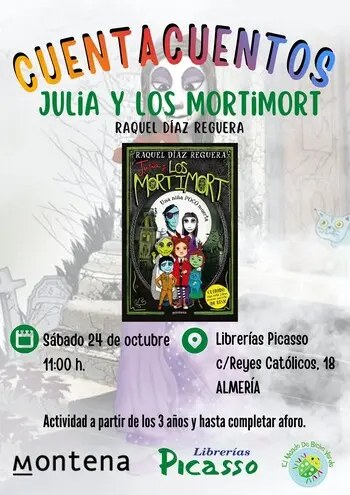 Cartel del cuentacuentos «Julia y los Mortimort», de Raquel Díaz Reguera, en Librerías Picasso de Almería